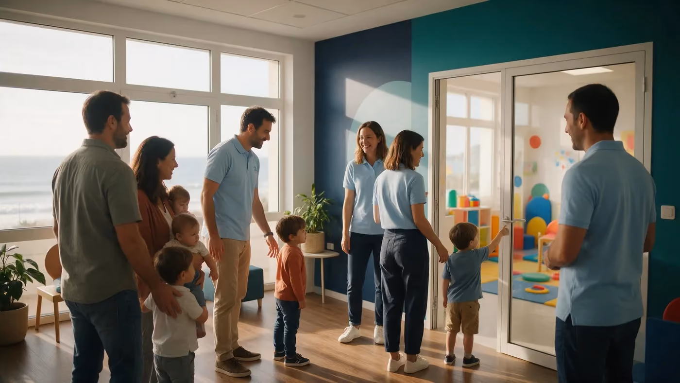 Famílias e equipa de polo azul-claro na entrada iluminada da unidade de Carcavelos, com uma criança a apontar para a sala de terapia colorida atrás da porta de vidro