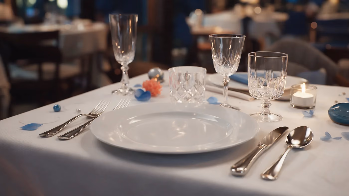 Mesa de jantar posta com luz quente, em ambiente elegante, para um encontro de médicos em Luanda