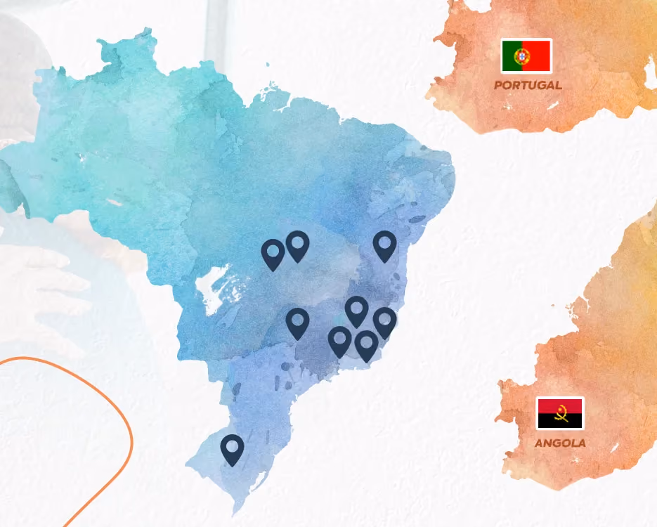 Mapa con las unidades del Instituto Priorit en Brasil y sus operaciones en Portugal y Angola.