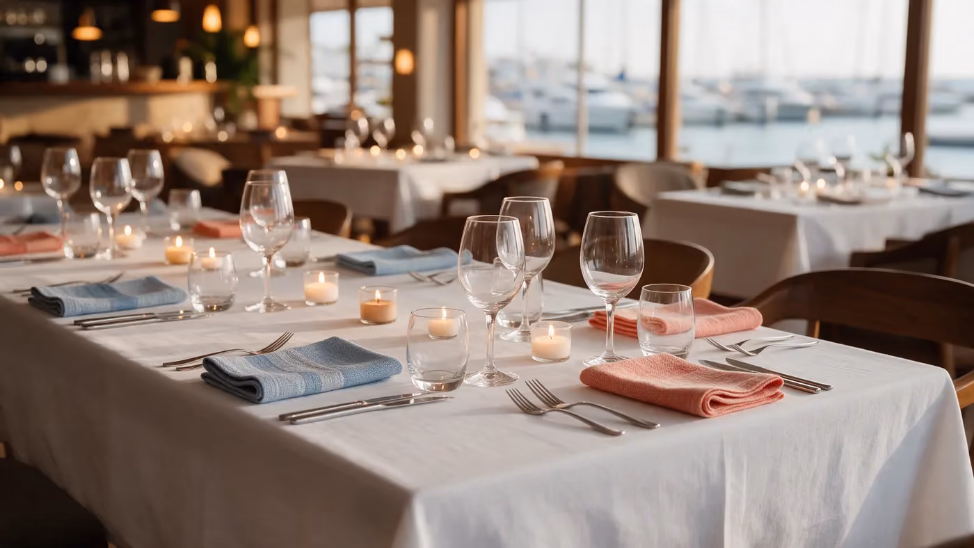 Mesa de jantar posta em ambiente elegante e acolhedor, com luz quente, pronta para receber profissionais em Luanda